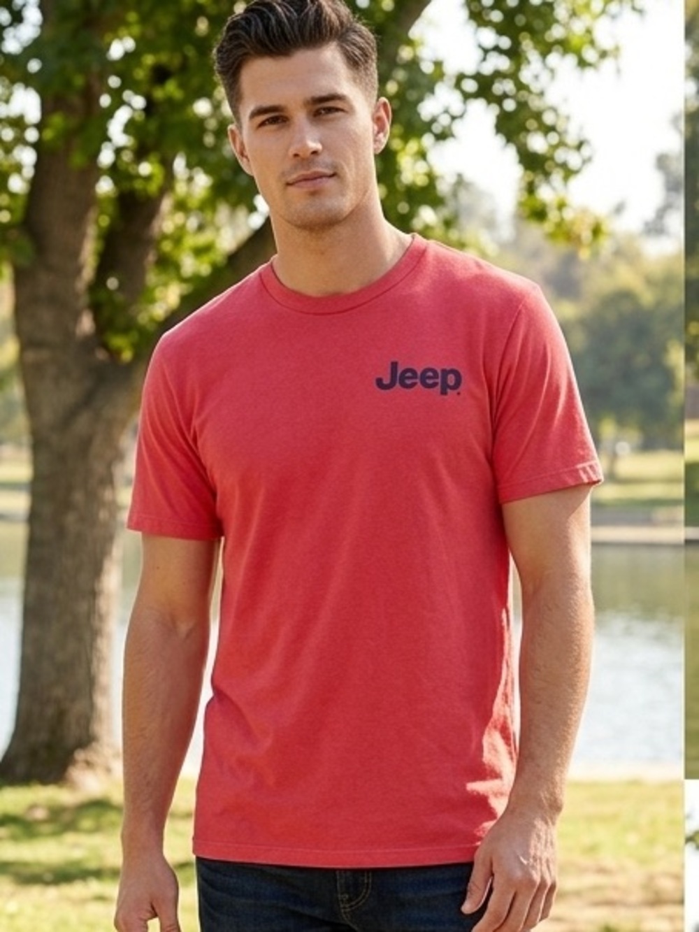 Goodfellow Jeep Red Short Sleeve Tee, Jeep and dog on back, men’s size medium